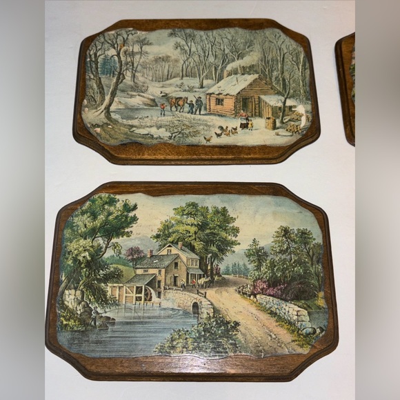 Vintage Currier Ives Prints Decoupage Wooden Plaques w/ Hangers 5"x7" Set Of 4 - Picture 2 of 10